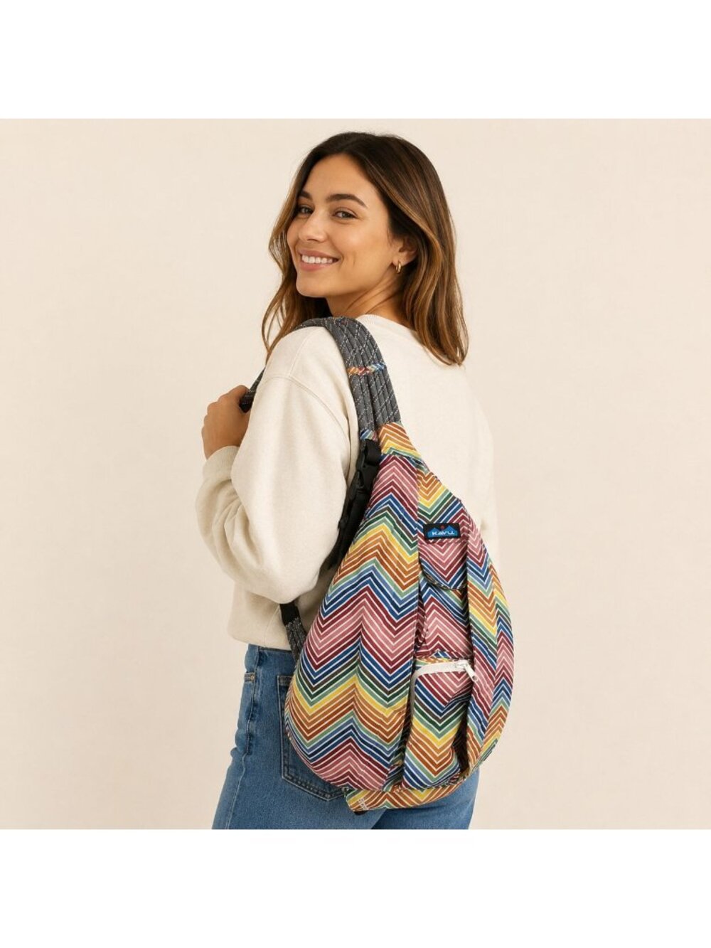 KAVU Rope Sling Bag Rainbow Chevron Stripe Crossbody Backpack Colorful